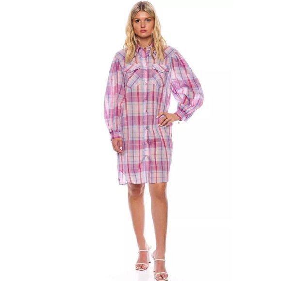Isabel Marant Etoile Britany Plaid Shirt Dress Pink Blue Cotton FR38 US6 - Picture 2 of 11